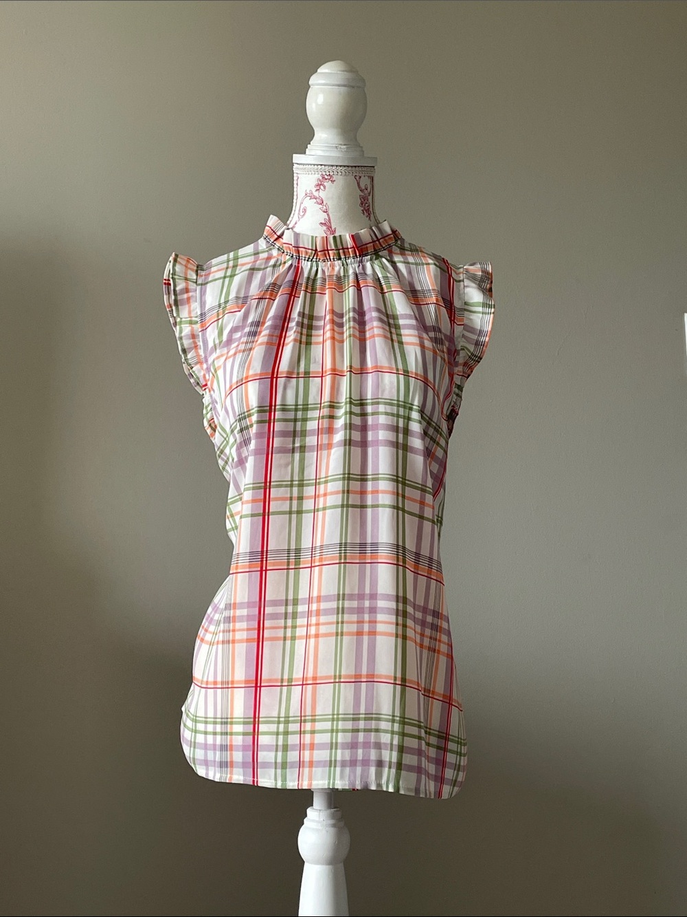 Ann Taylor Plaid Ruffle Cap-Sleeve Camisole - Pink, Green, Orange